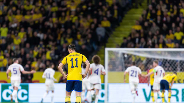 Sweden striker Zlatan Ibrahimovic pictured standing with his hands on his hips during his team's 3-0 loss to Belgium in March 2023